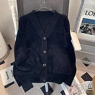 【初色】純色寬鬆長袖V領開衫毛衣口袋針織外套女上衣-共2色-32093(F可選) F 黑色