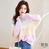 【初色】馬卡龍色系粉彩條紋寬鬆簍空圓領長袖針織衫毛衣上衣女上衣-彩條-31896(F可選) F 彩條