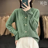 【初色】韓版麻花純色百搭休閒排釦圓領長袖羊絨衫織外套女上衣-共7色-31924(F可選) F 綠色