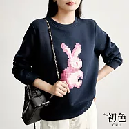 【初色】圓領立體兔子T恤大學T長袖上衣女上衣-共3色-31936(M-2XL可選) 2XL 藏青色