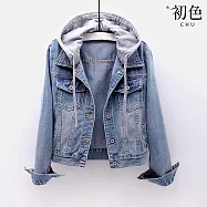 【初色】休閒百搭抽繩連帽坎肩長袖牛仔夾克外套-共2色-32137(M-2XL可選) XL 淺藍色