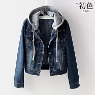 【初色】休閒百搭抽繩連帽坎肩長袖牛仔夾克外套-共2色-32137(M-2XL可選) XL 深藍色