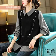 【初色】翻領拼接假兩件長袖寬鬆大碼T恤上衣女上衣-黑色-32119(M-2XL可選) M 黑色