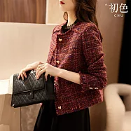 【初色】小香風粗花毛呢編織圓領愛心排扣長袖短款休閒外套女外套-紅色-32132(M-2XL可選) M 紅色