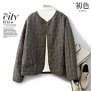 【初色】復古風寬鬆格紋圓領長袖口袋棒球服外套女上衣-共2色-31966(M-2XL可選) 2XL 灰綠色