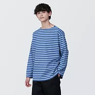 【MUJI 無印良品】男有機棉水洗粗織船領九分袖T恤 L 淺藍紋樣
