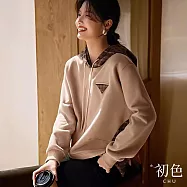 【初色】假兩件撞色拼接格子休閒百搭連帽抽繩長袖上衣女上衣-卡其色-32019(M-2XL可選) M 卡其色