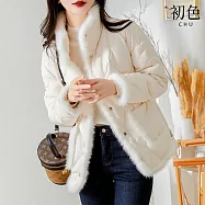 【初色】小香風保暖毛邊立領翻領菱形格口袋短款科技羽絨棉外套夾克女外套女上衣-共2色-31976(M-2XL可選) L 杏色