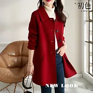 【初色】韓版素色翻領長袖單排釦直筒中長款毛呢西裝外套女外套-共4色-31999(M-2XL可選) M 紅色