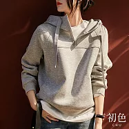 【初色】簡約立領抽繩連帽大口袋長袖T恤上衣衛衣女上衣-共3色-32022(M-XL可選) L 淺麻灰色