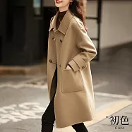 【初色】簡約翻領拼接雙扣大口袋中長款雙面毛呢大衣休閒西裝外套女外套-共2色-32033(M-2XL可選) XL 駝色