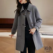 【初色】簡約翻領拼接雙扣大口袋中長款雙面毛呢大衣休閒西裝外套女外套-共2色-32033(M-2XL可選) XL 中灰色