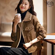 【初色】翻領內刷毛牛仔工業短款加厚夾克外套休閒外套-咖色-32061(M-2XL可選) M 咖色