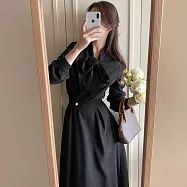 【ACheter】 法式氣質長袖連身裙收腰長版顯瘦A字洋裝# 120802 FREE 黑色