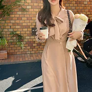 【ACheter】 法式氣質長袖連身裙收腰長版顯瘦A字洋裝# 120802 FREE 卡其色