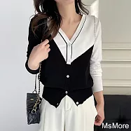 【MsMore】 氣質v領開衫針織外套新款時尚釘珠拼色長袖短版上衣# 120823 FREE 黑色