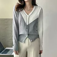 【MsMore】 氣質v領開衫針織外套新款時尚釘珠拼色長袖短版上衣# 120823 FREE 灰色