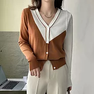 【MsMore】 氣質v領開衫針織外套新款時尚釘珠拼色長袖短版上衣# 120823 FREE 咖色