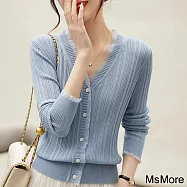 【MsMore】 法式v領針織開衫冰絲長袖外搭薄款短版上衣# 120891 FREE 藍色