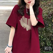 【初色】素色簡約愛心圖案印花寬鬆中大尺碼中長圓領短袖T恤上衣女上衣-共3色-32854(M-2XL可選) M 酒紅色