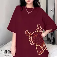 【初色】圓領寬鬆卡通小龍印花五分短袖中長款T恤上衣女上衣-共5色-32863(M-2XL可選) L 酒紅色