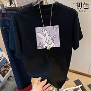 【初色】經典簡約圖案印花圓領短袖寬鬆T恤上衣女上衣-共4款3色-32878(M-2XL可選) L 黑色宇航員