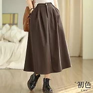 【初色】中大碼簡約高腰單扣彈性腰圍毛呢中長裙半身裙A字裙-共4色-32786(M-2XL可選) 2XL 咖啡色