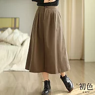 【初色】中大碼簡約高腰單扣彈性腰圍毛呢中長裙半身裙A字裙-共4色-32786(M-2XL可選) L 卡其色