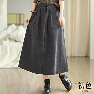 【初色】中大碼簡約高腰單扣彈性腰圍毛呢中長裙半身裙A字裙-共4色-32786(M-2XL可選) L 深灰色