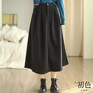 【初色】中大碼簡約高腰單扣彈性腰圍毛呢中長裙半身裙A字裙-共4色-32786(M-2XL可選) M 黑色