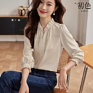 【初色】純色花邊立領長袖泡泡袖襯衫上衣女上衣-奶茶杏色-32974(M-2XL可選) M 奶茶杏色
