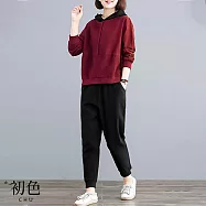 【初色】大碼拼接休閒長袖連帽上衣素色雙口袋寬鬆顯瘦長褲套裝-共6色-32946(L-2XL可選) L 酒紅色