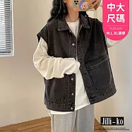 【Jilli~ko】韓版寬鬆牛仔開扣坎肩馬甲背心女中大尺碼 J11676 FREE 黑色