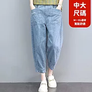 【慢。生活】薄款牛仔鬆緊高腰寬鬆百搭刺繡口袋七分褲 72960 FREE 藍色