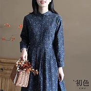 【初色】森林系復古碎花寬鬆休閒百搭娃娃領長袖連身裙洋裝-藏藍色-32648(M-2XL可選) M 藏藍色