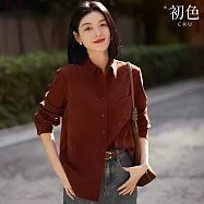 【初色】美拉德風坑條紋純色POLO領長袖襯衫上衣女上衣-共3色-32662(M-XL可選) M 紅棕色