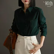 【初色】美拉德風坑條紋純色POLO領長袖襯衫上衣女上衣-共3色-32662(M-XL可選) XL 橄欖綠