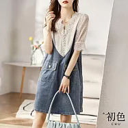 【初色】清涼感假兩件大碼V領五分短袖鏤空刺繡蕾絲拼接牛仔連身裙洋裝-藍色-70029(M-2XL可選) M 藍色