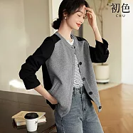 【初色】撞色拼接圓領七分袖長袖棒球服夾克棒球外套-黑灰色-32727(M-2XL可選) L 黑灰色