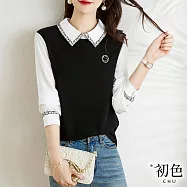 【初色】假兩件拼接翻領長袖笑臉印花襯衫大學T恤上衣女上衣-黑白色-32731(M-2XL可選) M 黑白色