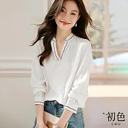 【初色】簡約棉麻風V領撞色幾何花邊刺繡肌理感長袖襯衫上衣女上衣-米白色-32732(M-2XL可選) M 米白色