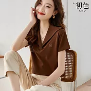 【初色】海軍領翻領V領純色短袖T恤上衣女上衣-咖色-32737(M-2XL可選) M 咖色