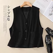 【ACheter】 文藝復古簡約V領雙面精梳棉馬甲大口袋短版外套背心上衣# 121238 2XL 黑色