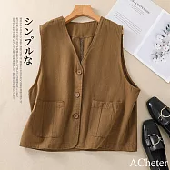 【ACheter】 文藝復古簡約V領雙面精梳棉馬甲大口袋短版外套背心上衣# 121238 2XL 卡其色