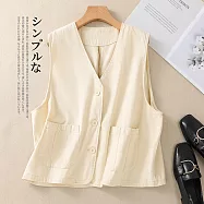 【ACheter】 文藝復古簡約V領雙面精梳棉馬甲大口袋短版外套背心上衣# 121238 2XL 杏色