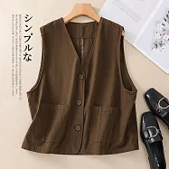 【ACheter】 文藝復古簡約V領雙面精梳棉馬甲大口袋短版外套背心上衣# 121238 L 咖色