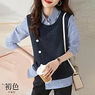 【初色】韓系氣質拼接休閒翻領T恤長袖上衣-共14款任選-30531(M-2XL/F可選) L N...藏青色