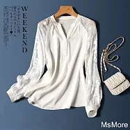 【MsMore】 隱約微露醉美燒花工藝絲直腸袖短版上衣# 120748 M 白色