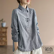 【初色】休閒百搭寬鬆翻領排釦長袖襯衫上衣-10款任選-66484(M-2XL可選) 2XL C..藍色