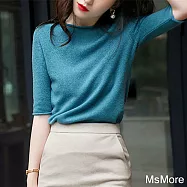 【MsMore】 純色圓領短袖韓版時尚減齡上衣顯瘦百搭冰絲針織衫# 121194 FREE 藍色